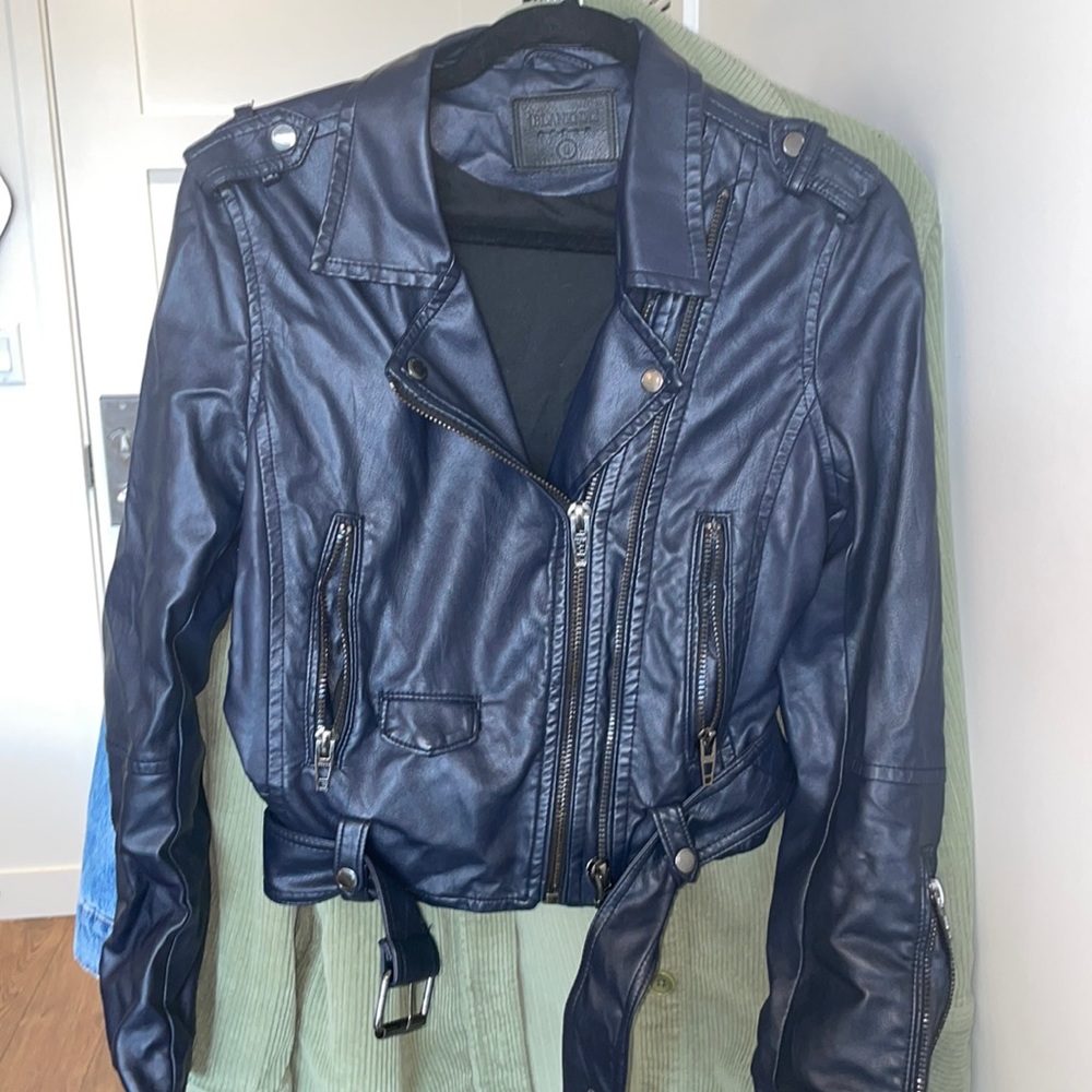 BlankNYC vegan navy blue leather moto jacket.